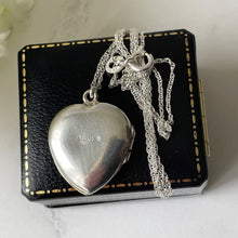 Load image into Gallery viewer, Vintage Sterling Silver Heart Locket Necklace. Floral Engraved Sweetheart Photo Locket &amp; Chain. English Edwardian Style Love Heart Locket
