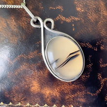 Load image into Gallery viewer, Vintage Dendritic Agate Sterling Silver Pendant Necklace. Scenic Landscape Chalcedony Pendant &amp; Chain. Art Nouveau Style Teardrop Pendant
