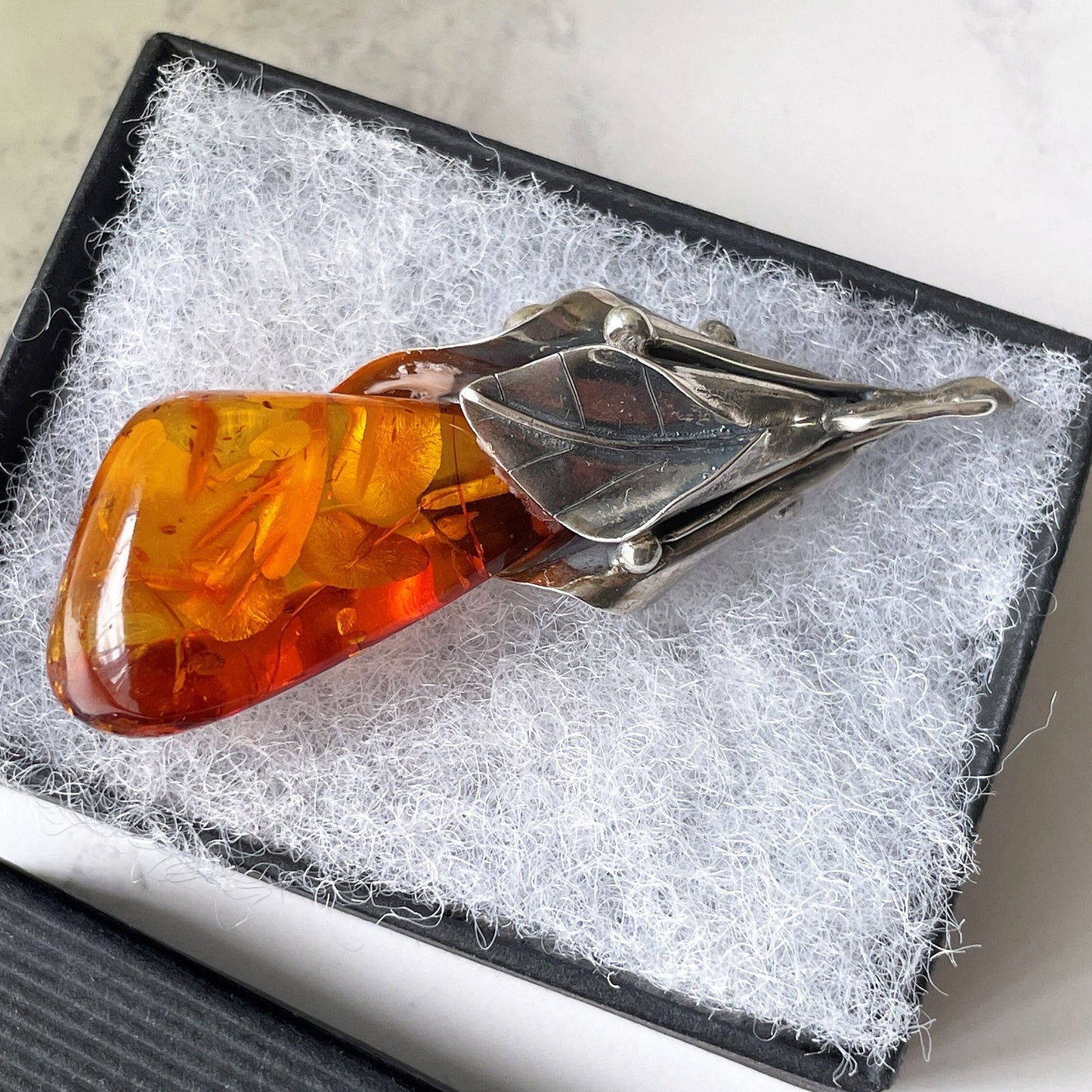 Vintage Art Nouveau Baltic Amber Sterling Silver Pendant. Large Honey Cognac Amber Pendant. Golden Yellow Amber Lily Flower Pendant, Poland