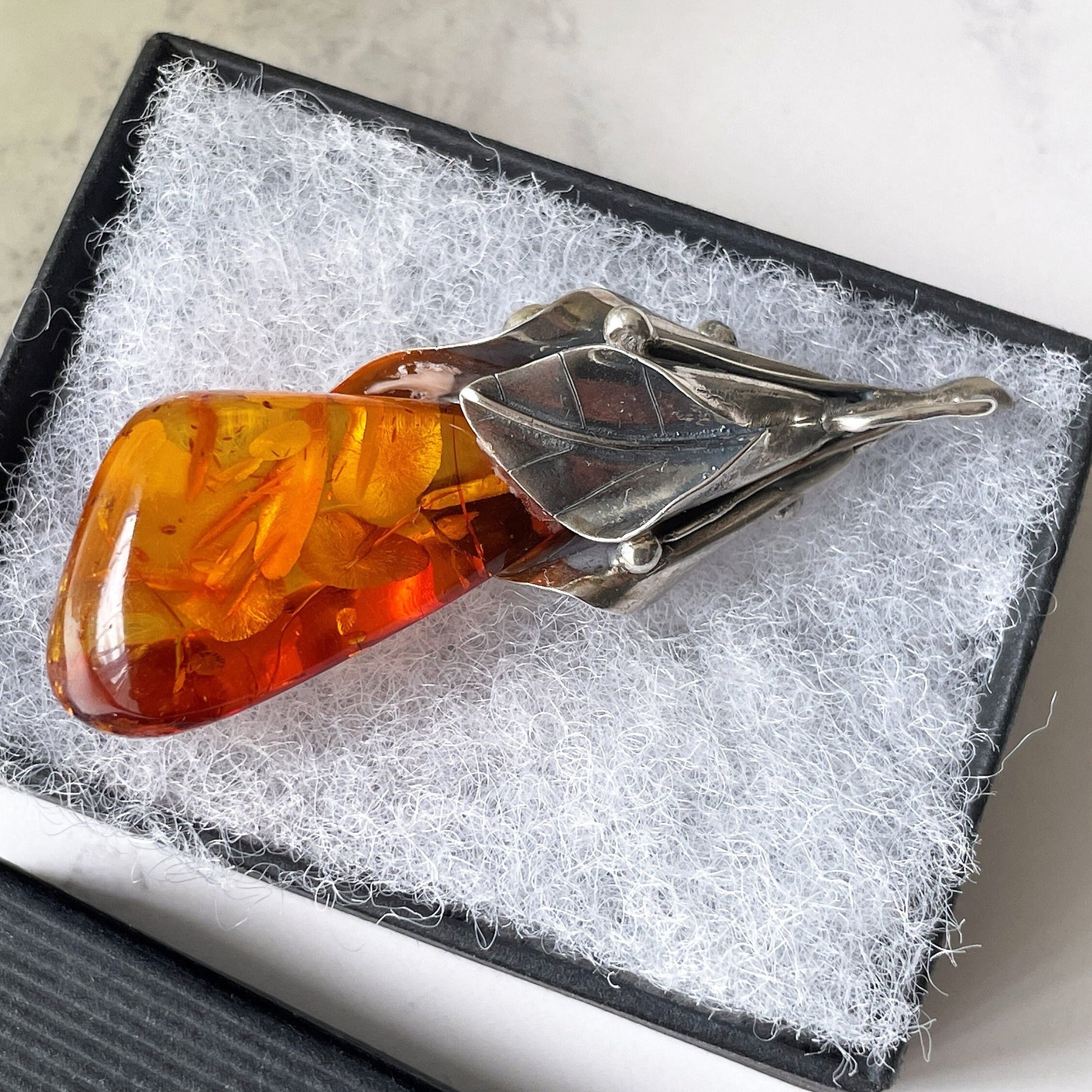 Vintage Art Nouveau Baltic Amber Sterling Silver Pendant. Large Honey Cognac Amber Pendant. Golden Yellow Amber Lily Flower Pendant, Poland