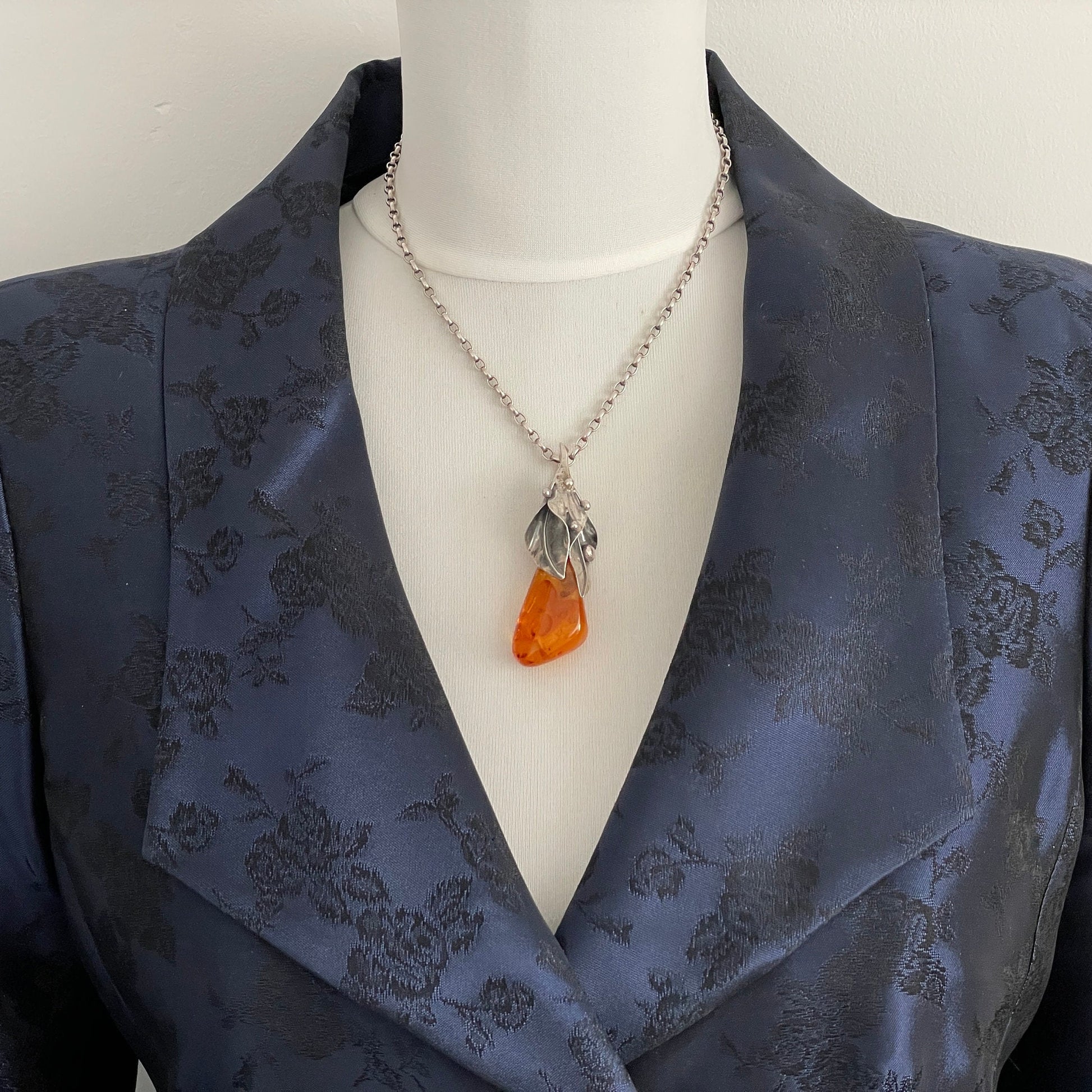 Vintage Art Nouveau Baltic Amber Sterling Silver Pendant. Large Honey Cognac Amber Pendant. Golden Yellow Amber Lily Flower Pendant, Poland