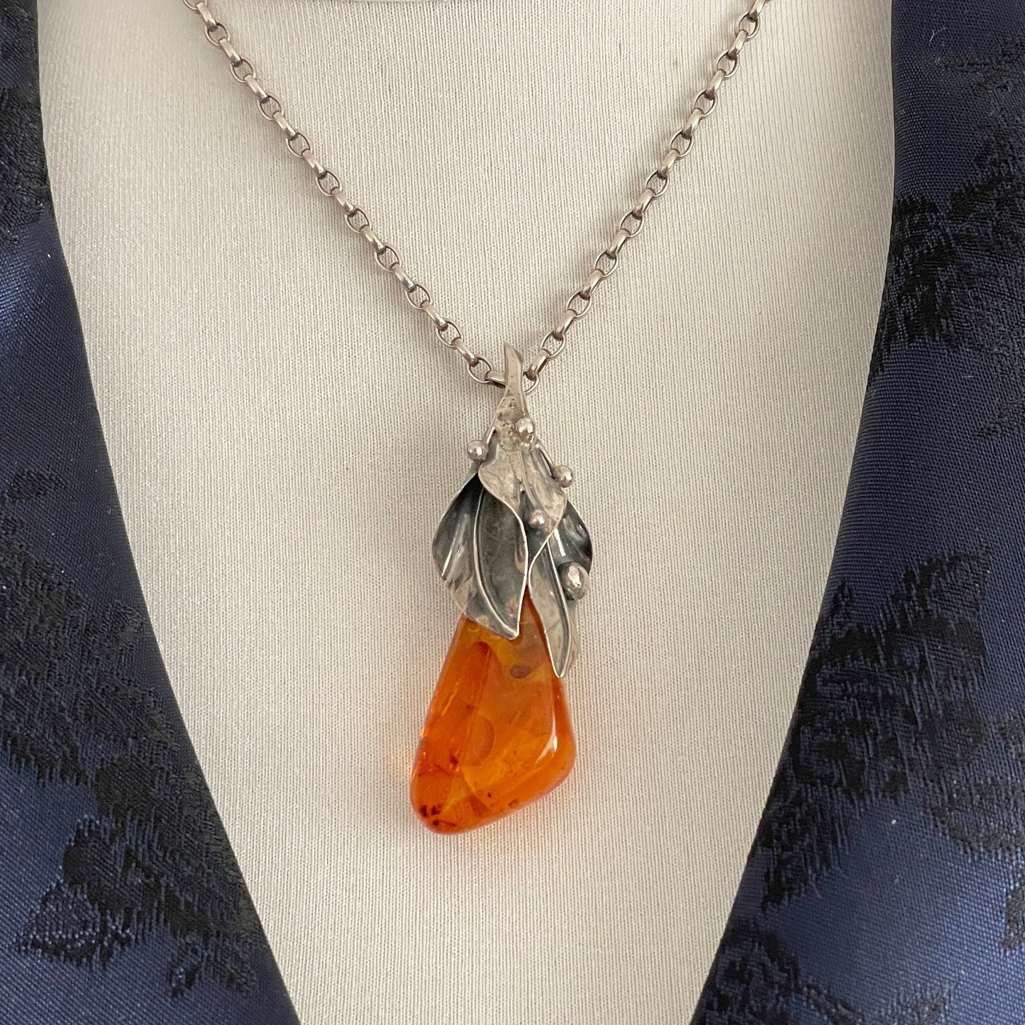 Vintage Art Nouveau Baltic Amber Sterling Silver Pendant. Large Honey Cognac Amber Pendant. Golden Yellow Amber Lily Flower Pendant, Poland
