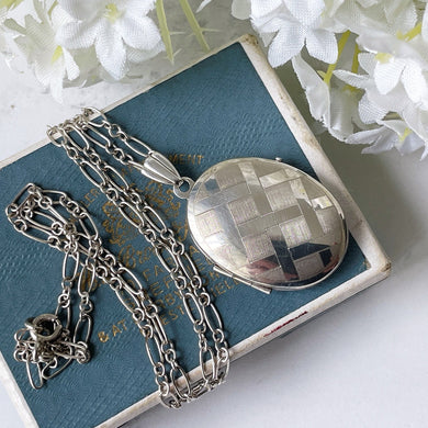 Vintage Guilloché Engraved Silver Locket, Paper Clip Chain. Basket Weave Sterling Silver Photo Locket Pendant Necklace. Medium Oval Locket