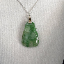 Charger l&#39;image dans la galerie, Vintage Sterling Silver Jade Buddha Pendant &amp; Chain. Carved Apple Green/Moss In Snow Jade Pendant. Silver Good Luck Amulet Charm Necklace
