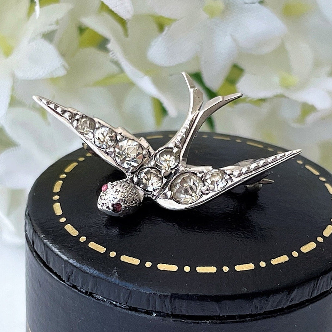 Antique Paste Diamond & Ruby Miniature Swallow Brooch, Chester 1902 . Edwardian Sterling Silver Lapel/Tie/Cravat Pin. Sweetheart's Love Bird