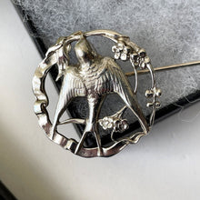 Cargar imagen en el visor de la galería, Antique Art Nouveau Silver Love Bird Lapel Pin. Edwardian/Victorian Sterling Silver Sweetheart Brooch. Swallow &amp; Ribbon Cravat/Stock Pin
