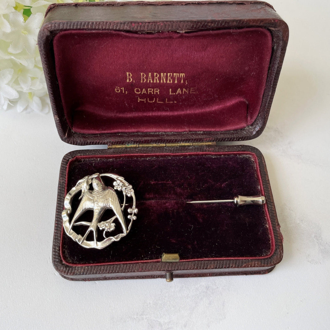 Antique Art Nouveau Silver Love Bird Lapel Pin. Edwardian/Victorian Sterling Silver Sweetheart Brooch. Swallow & Ribbon Cravat/Stock Pin