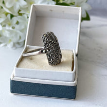 Load image into Gallery viewer, Antique Art Deco Sterling Silver Column Ring. 1930s Theodor Fahrner Style Geometric Marcasite Ring &amp; Vintage Ring Box. Size Q-UK /8-US
