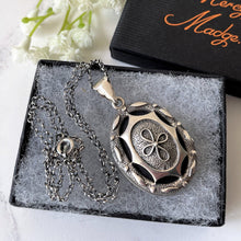 Load image into Gallery viewer, Vintage Art Nouveau Style English Silver Locket. Antiqued Sterling Silver Vinaigrette Style Pendant Necklace. Silver Openwork Locket &amp; Chain
