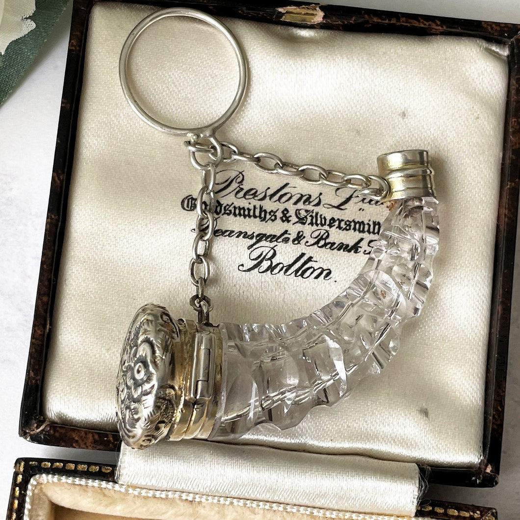 Antique Victorian Miniature Perfume Bottle Pendant. Silver & Cut Crystal Novelty Hunting Horn/Cornucopia Scent Bottle Chatelaine Accessory.