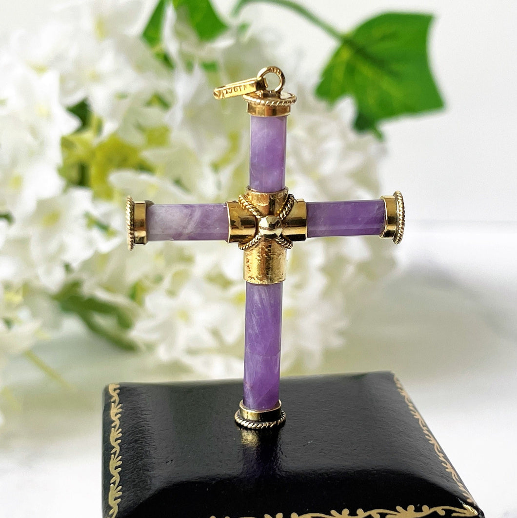 Vintage 9ct Gold Lavender Jade Cross Pendant. Violet Purple Jadeite Jade Fancy Cross Necklace Pendant. August Birthstone Fine Jewellery Gift