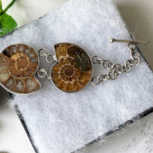 Load image into Gallery viewer, Vintage Ammonite Sterling Silver Bracelet. Large Whitby Ammonite Silver Panel Bracelet. Boho Ancient Amulet Bracelet. Ammonite Jewellery
