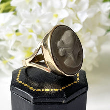 Cargar imagen en el visor de la galería, Victorian 9ct Gold Lava Cameo Ring. Large Antique Carved Italian Green Lava Stone Ring. Gold Neoclassical Statement Ring Size OK-O, US-7.25

