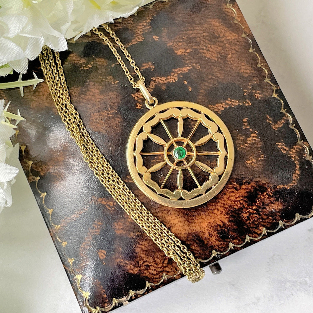 Antique Edwardian Demantoid Garnet Pinwheel Pendant Necklace. Art Nouveau 12ct Yellow Rolled Gold & Green Garnet Circle Pendant On Chain.
