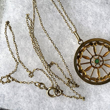 Cargar imagen en el visor de la galería, Antique Edwardian Demantoid Garnet Pinwheel Pendant Necklace. Art Nouveau 12ct Yellow Rolled Gold &amp; Green Garnet Circle Pendant On Chain.
