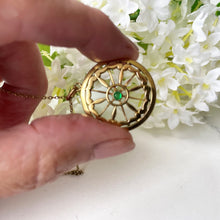 画像をギャラリービューアに読み込む, Antique Edwardian Demantoid Garnet Pinwheel Pendant Necklace. Art Nouveau 12ct Yellow Rolled Gold &amp; Green Garnet Circle Pendant On Chain.
