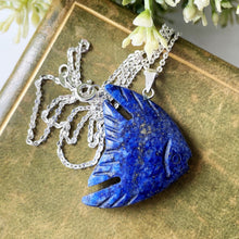 Cargar imagen en el visor de la galería, Carved Lapis Lazuli Sterling Silver Angelfish Pendant Necklace. Vintage Blue Lapis Figural Pendant. Large Tropical Angel Fish Pendant, Chain
