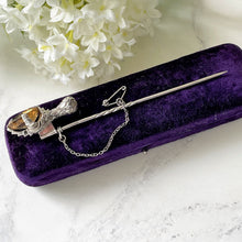 Load image into Gallery viewer, Victorian Scottish Citrine Silver Grouse Claw Kilt Pin In Antique Box. Antique Sterling Silver Scottish Cairngorm Huge Stick Pin Brooch.
