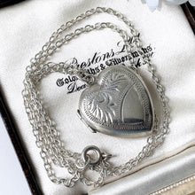 Cargar imagen en el visor de la galería, Vintage Sterling Silver Heart Locket Necklace. 1960s Baby Photo Love Heart Locket &amp; Chain. Edwardian Retro Floral Engraved Sweetheart Locket
