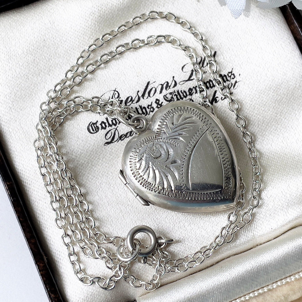 Vintage Sterling Silver Heart Locket Necklace. 1960s Baby Photo Love Heart Locket & Chain. Edwardian Retro Floral Engraved Sweetheart Locket