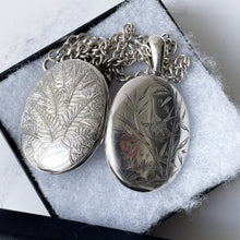 Load image into Gallery viewer, Antique Victorian Aesthetic Engraved Silver Locket Necklace. Large 2-Sided Floral Love Bird Locket With Photo &amp; Chain. Book Chain Locket
