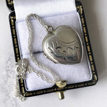 Load image into Gallery viewer, Vintage Sterling Silver Heart Locket Necklace. Floral Engraved Sweetheart Photo Locket &amp; Chain. English Edwardian Style Love Heart Locket
