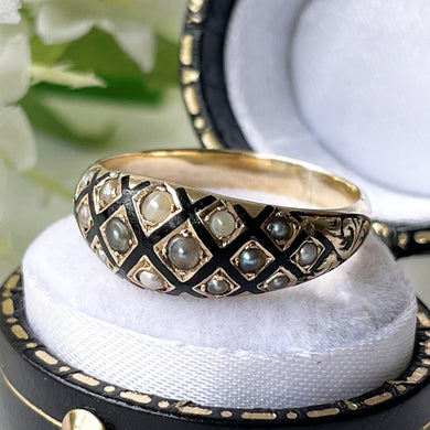 Georgian Regency Antique 18ct Gold, Black Enamel & Pearl Ring. Early Victorian Mourning Ring Circa 1830. Antique Dome Band Ring Size Q/7