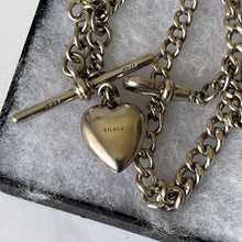 Load image into Gallery viewer, Antique Edwardian Small Silver Albert Watch Chain &amp; Heart Charm. Lady&#39;s Sterling Silver Albertina Chain, Dog-Clip, T-Bar, Fob Charm, c1908
