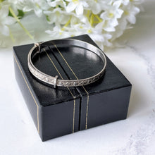 Load image into Gallery viewer, Vintage Sterling Silver Baby Bangle, Boxed. Heart &amp; Flower Engraved Childs Bracelet. English Adjustable Bangle. Baptismal, Christening Gift
