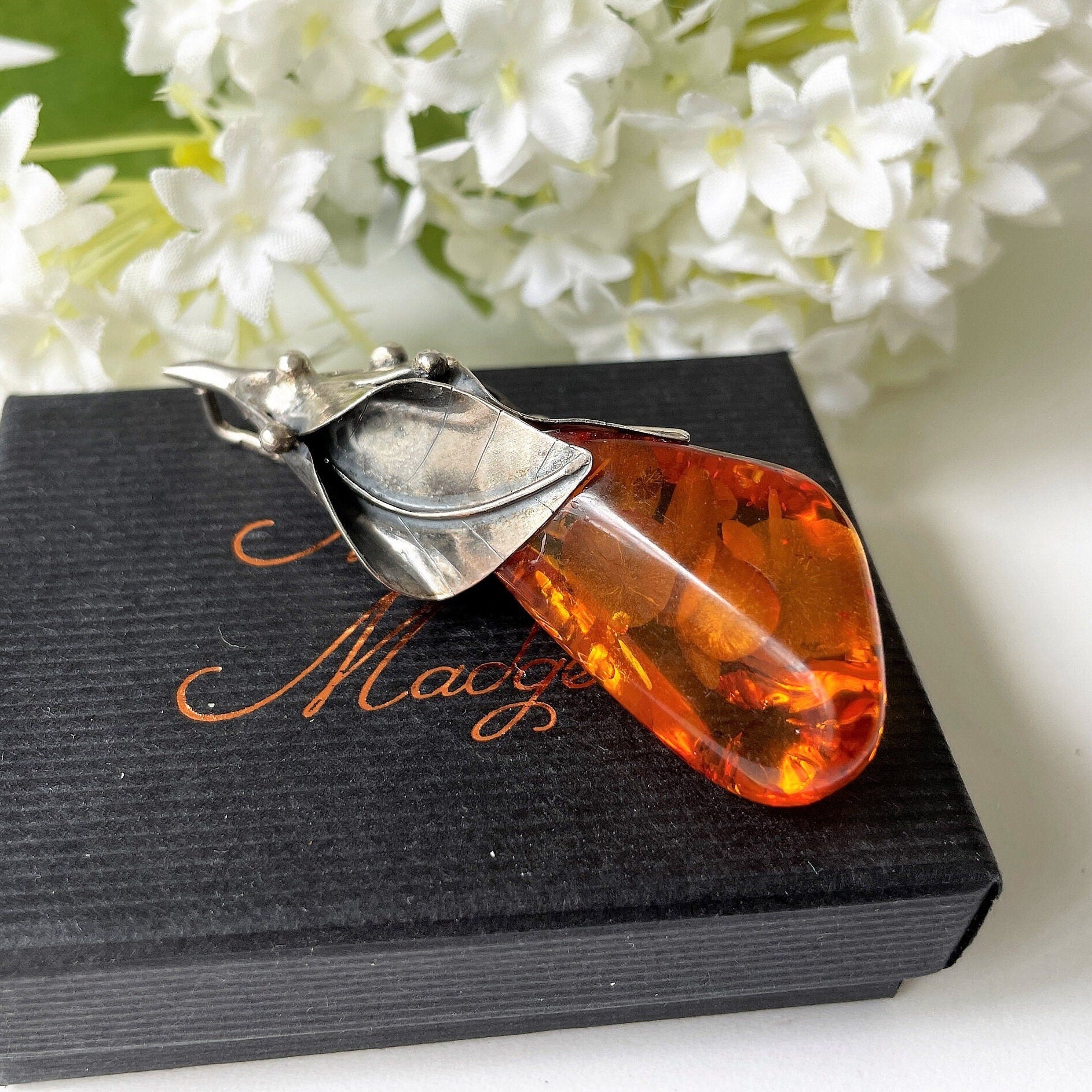 Vintage Art Nouveau Baltic Amber Sterling Silver Pendant. Large Honey Cognac Amber Pendant. Golden Yellow Amber Lily Flower Pendant, Poland