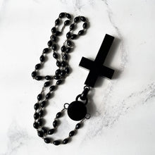 Load image into Gallery viewer, Huge Victorian Whitby Jet Cross Pendant Necklace. Antique English Black Gemstone Cross On Long Bog Oak Bead Chain. Antique Mourning Jewelry
