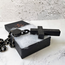 Load image into Gallery viewer, Huge Victorian Whitby Jet Cross Pendant Necklace. Antique English Black Gemstone Cross On Long Bog Oak Bead Chain. Antique Mourning Jewelry

