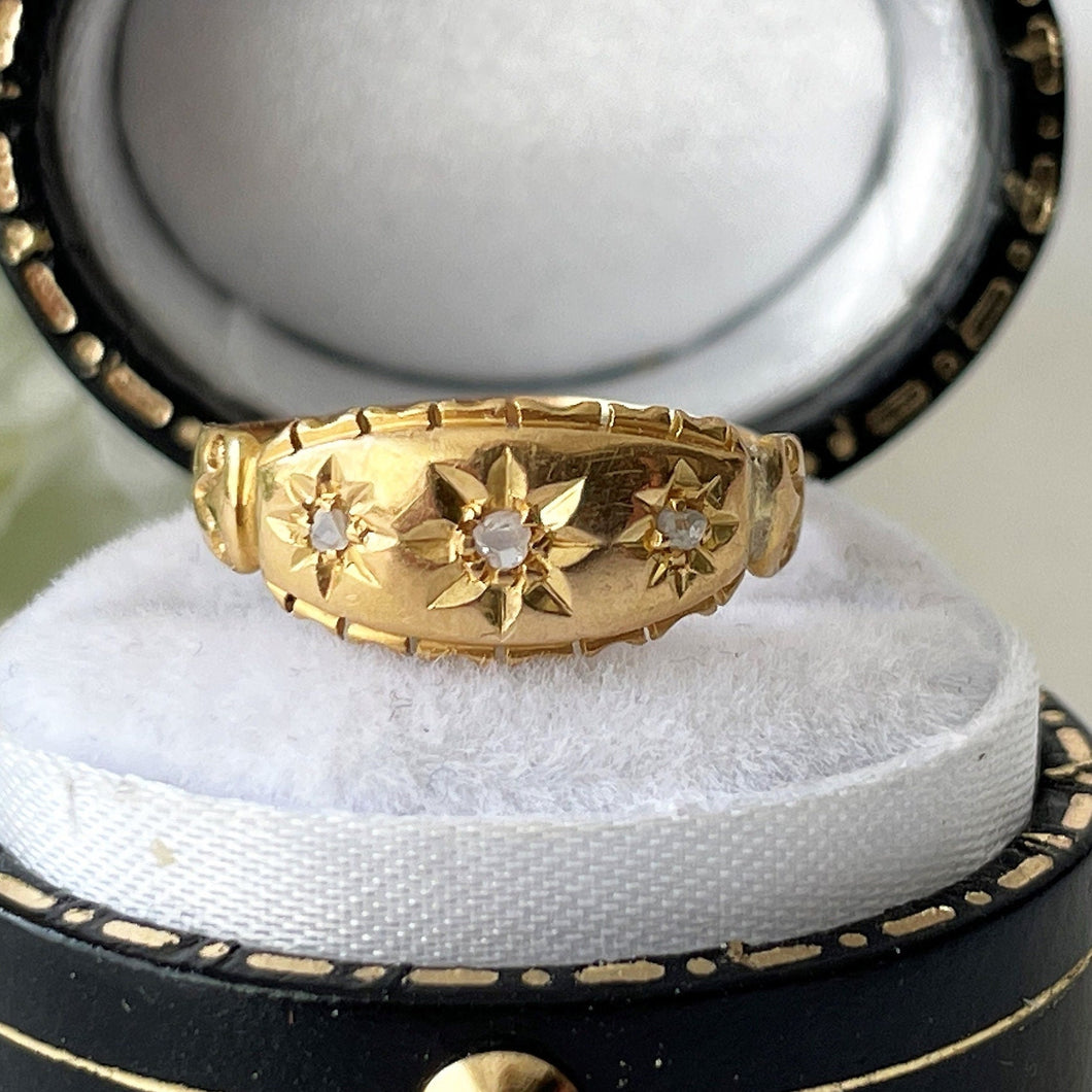Antique Georgian 18ct Gold Mine Cut Diamond Ring. 3-Stone Diamond Bright Cut Daisy Band Ring. 18K Gold Small Antique Midi Pinky Ring