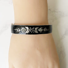 Load image into Gallery viewer, Victorian Sterling Silver Mourning Bracelet. Black Enamel &amp; Seed Pearl Antique Bangle. Victorian Mourning Jewelry.
