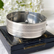 Load image into Gallery viewer, Vintage Art Deco Guilloche Engraved Sterling Silver Bangle. 1940s Wide Belt Style Bangle. English Silver Bangle Bracelet, Chester Hallmarks
