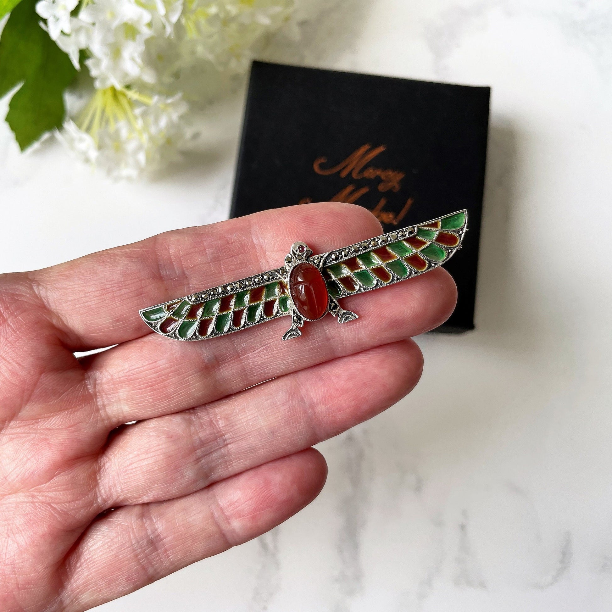 Art Deco Egyptian Revival Plique-à-jour Brooch. Antique German 935 Silver, Enamel, Carnelian & Ruby Horus Brooch. Falcon Bird Scarab Brooch