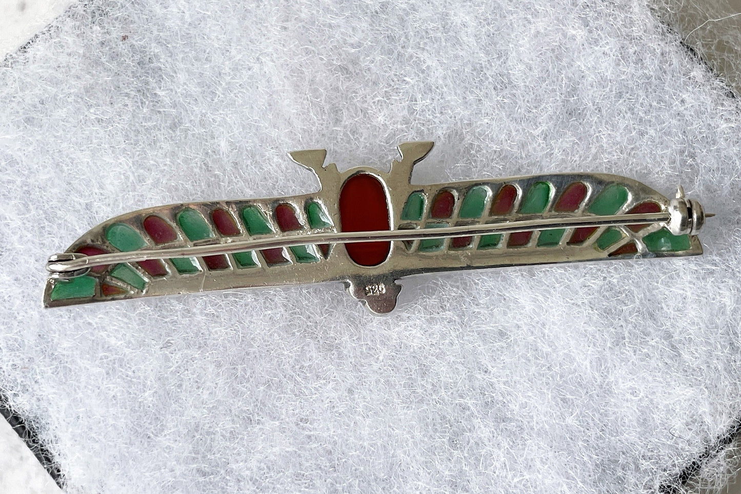 Art Deco Egyptian Revival Plique-à-jour Brooch. Antique German 935 Silver, Enamel, Carnelian & Ruby Horus Brooch. Falcon Bird Scarab Brooch