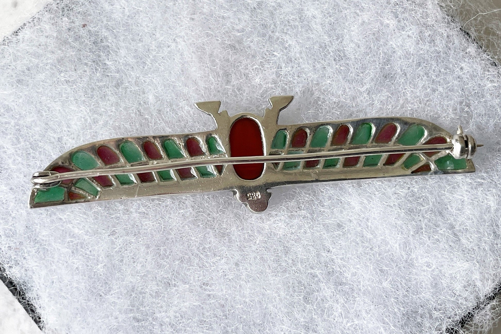 Art Deco Egyptian Revival Plique-à-jour Brooch. Antique German 935 Silver, Enamel, Carnelian & Ruby Horus Brooch. Falcon Bird Scarab Brooch