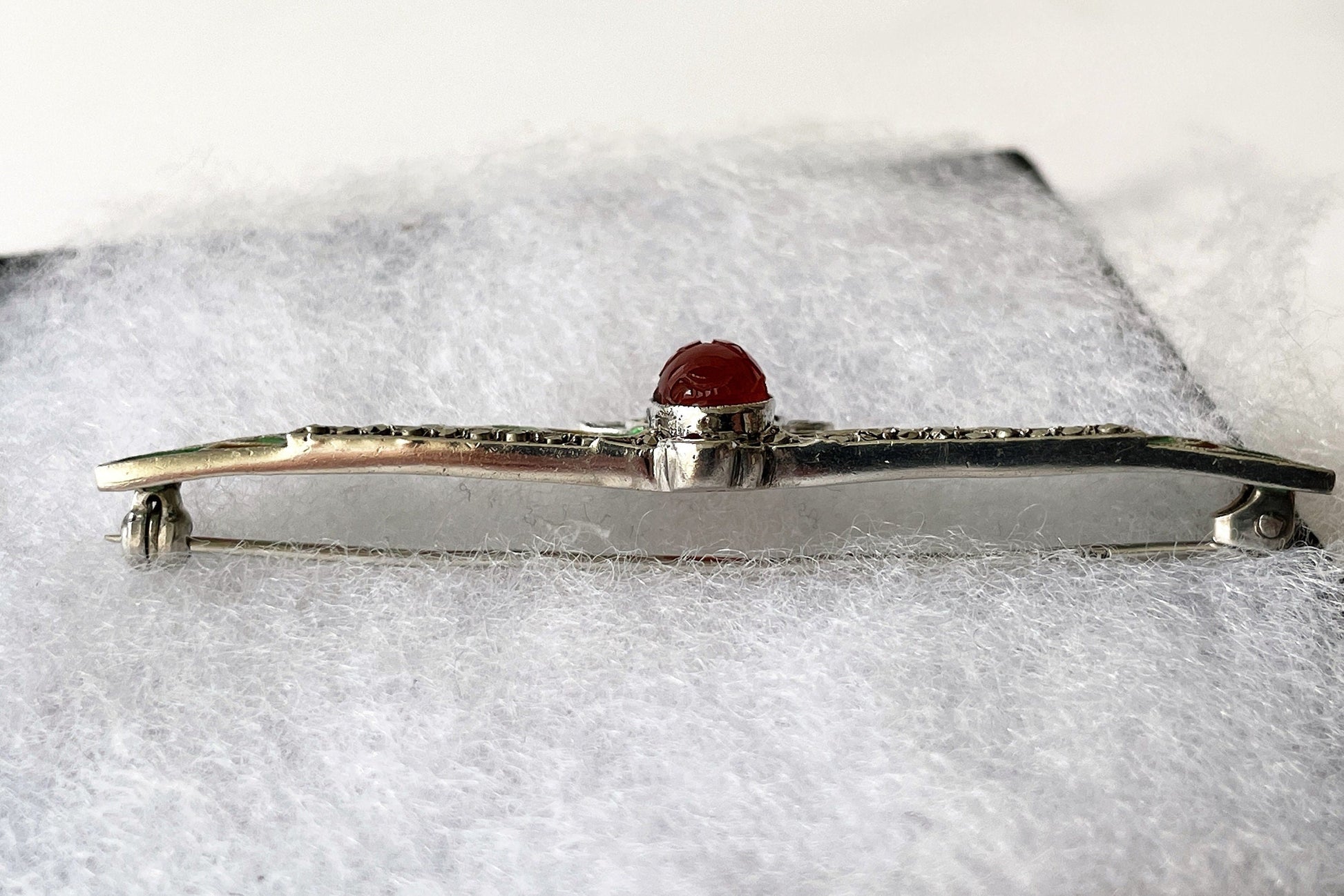 Art Deco Egyptian Revival Plique-à-jour Brooch. Antique German 935 Silver, Enamel, Carnelian & Ruby Horus Brooch. Falcon Bird Scarab Brooch