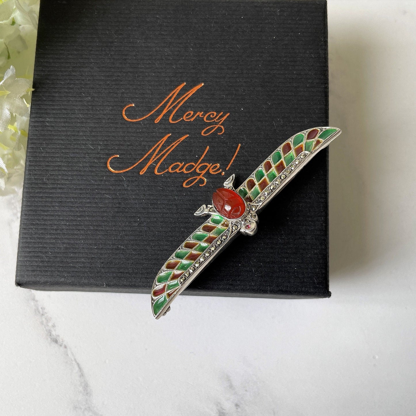 Art Deco Egyptian Revival Plique-à-jour Brooch. Antique German 935 Silver, Enamel, Carnelian & Ruby Horus Brooch. Falcon Bird Scarab Brooch