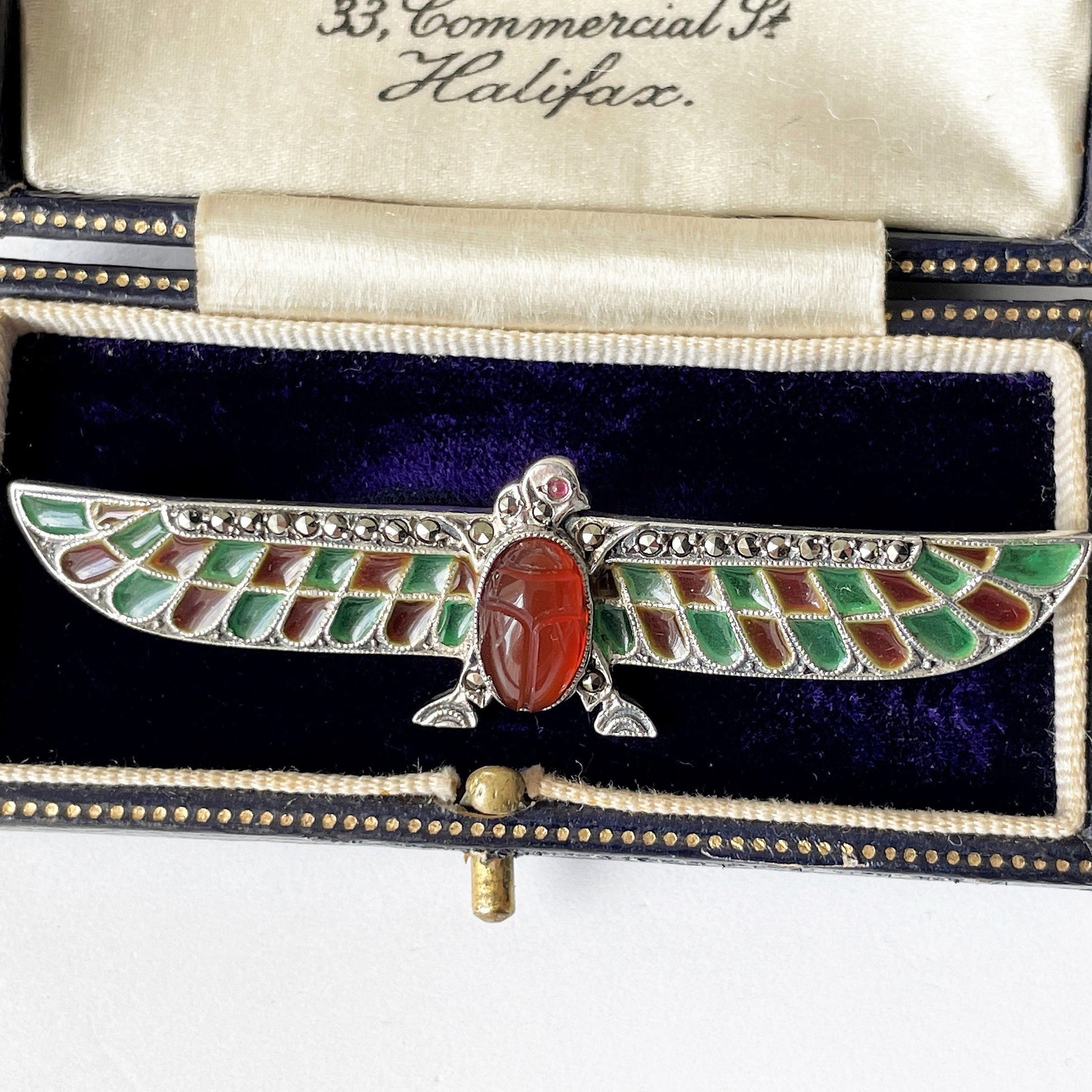 Art Deco Egyptian Revival Plique-à-jour Brooch. Antique German 935 Silver, Enamel, Carnelian & Ruby Horus Brooch. Falcon Bird Scarab Brooch