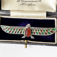 画像をギャラリービューアに読み込む, Art Deco Egyptian Revival Plique-à-jour Brooch. Antique German 935 Silver, Enamel, Carnelian &amp; Ruby Horus Brooch. Falcon Bird Scarab Brooch
