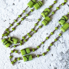 Load image into Gallery viewer, Antique Art Deco 53&quot; Long Beaded Chain Necklace. 1920s Lime Green &amp; Chocolate Brown Flapper Necklace. Hexagon Cut Tube Bead Rope Necklace.
