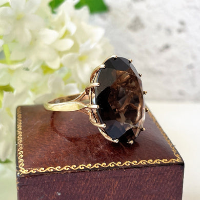 Vintage 1960s Smoky Quartz 9ct Gold Cocktail Ring. Huge 15ct Oval Facet Cut Gemstone Ring, Size K /5.25. Smoky Quartz Solitaire Dress Ring