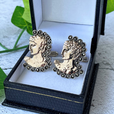 Ancient Greek God Adonis Gold & Silver Cufflinks. 8ct Gold, Sterling Silver Cufflinks, Hand-Made In Greece. Mens Vintage Jewelry Gift