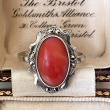 Cargar imagen en el visor de la galería, Russian Art Deco Silver Coral Marcasite Ring. 1920s Red Coral, Engraved Sterling Floral Ring. Antique/Vintage Precious Coral Ring
