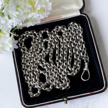 Load image into Gallery viewer, Antique Victorian Heavy Silver Guard Chain. 56&quot; Double Link Belcher Long Chain Necklace. Antique Sterling Silver Sautoir Necklace &amp; Dog Clip
