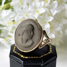 Load image into Gallery viewer, Victorian 9ct Gold Lava Cameo Ring. Large Antique Carved Italian Green Lava Stone Ring. Gold Neoclassical Statement Ring Size OK-O, US-7.25
