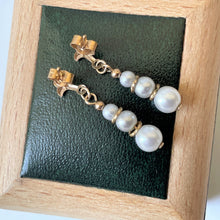 Load image into Gallery viewer, Vintage 9ct Gold Pearl Drop Earrings. Edwardian Style 3-Pearl Drop Earrings. Petite/Minimalist/Children&#39;s Cultured Pearl Dangle Earrings
