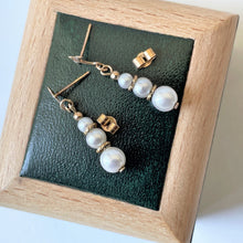 Load image into Gallery viewer, Vintage 9ct Gold Pearl Drop Earrings. Edwardian Style 3-Pearl Drop Earrings. Petite/Minimalist/Children&#39;s Cultured Pearl Dangle Earrings
